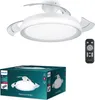 A product image displaying a ceiling fan with an integrated LED light and its packaging, alongside a remote control. The image is composed of multiple views and marketing elements. Podgląd zdjęcia produktu