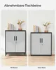 A split image showing a metal cabinet with and without legs, with decorative items on top. Produktbild-Vorschau