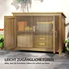 A wooden garden cabinet with its doors open, showing shelves with various items inside. Text overlays highlight its features. Produktbild-Vorschau