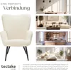 A collage showcasing a cream-colored armchair and various room settings (dining room, living room, kitchen, bedroom) to illustrate the armchair's versatility and aesthetic appeal. Produktbild-Vorschau