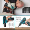 A collage of images showing a man using a cordless drill, close-ups of the drill and its accessories, and the drill being used to screw into wood. Produktbild-Vorschau
