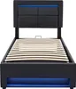A black upholstered bed frame with a slatted base and blue LED lighting. Náhľad obrázku produktu