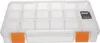 A clear, front-facing shot of a transparent plastic organizer box with orange clasps, set against a white background. Voir les images du produit
