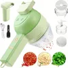 A collage of a portable electric vegetable cutter and its accessories, along with images of chopped vegetables. Náhled obrázku produktu