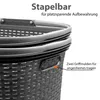 A close-up view of stacked grey laundry baskets with text overlays. Produktbild-Vorschau