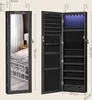 A jewelry cabinet with a mirror and LED lights, shown open and closed, with dimensions indicated. Produktbild-Vorschau