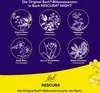 A marketing image displaying illustrations of six different Bach flower essences with their names and German descriptions, set against a purple background. The bottom of the image features the Bach RESCURA logo and product name on a yellow background with  Produktbild-Vorschau