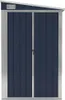 A front view of a dark blue shed with silver trim and double doors. Náhled obrázku produktu