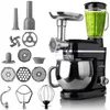 A black Lehmann Mastic planetary kitchen machine with multiple attachments and a blender filled with green liquid, displayed on a white background. Produktbild-Vorschau