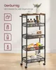 A black rolling cart with five shelves, filled with various kitchen items and produce, is shown against a light-colored background. Icons representing food items and bottles are displayed on the left side of the image. Produktbild-Vorschau