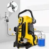 A yellow and black pressure washer is shown connected to a faucet and a bucket of blue liquid, illustrating its operation. Produktbild-Vorschau