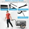 A man is shown walking with a bicycle trailer, with close-up images highlighting the trailer's features. Produktbild-Vorschau