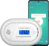 A carbon monoxide detector and a smartphone displaying a CO alarm notification. Produktbild-Vorschau