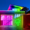 A modern house at night, illuminated by colorful LED neon lights, with a neon palm tree sign on the wall. Produktbild-Vorschau
