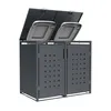A dark gray metal trash bin enclosure with two compartments, each with a lid open, against a white background. Produktbild-Vorschau
