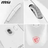 A collage of four close-up shots of a white MSI gaming mouse, highlighting its design and features. Produktbild-Vorschau