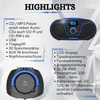 A marketing image showcasing a portable CD player boombox with its features listed. Voir les images du produit