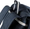 A close-up view of the straps and fabric of a navy blue backpack. Voir les images du produit