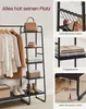 A multi-panel image showcasing a black metal clothing rack with various items like clothes, bags, hats, and shoes, along with close-ups highlighting features like hooks and shelves. Produktbild-Vorschau