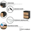 Collage of images showcasing features of a nightstand, including its material, assembly, quality, and maintenance. Náhľad obrázku produktu