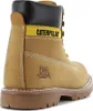 Close-up side view of a tan leather work boot with black collar and yellow accent. Produktbild-Vorschau