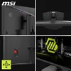 A collage of four images showing different angles and details of an MSI gaming monitor, including its rear, stand, ports, and a marketing graphic displayed on the screen. Produktbild-Vorschau
