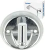 A close-up of a chrome-plated wall mount for a shower head, with a product box in the background. Produktbild-Vorschau