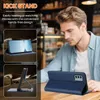 A man is sitting at a table in a cafe, looking at his phone which is in a dark blue case with a kickstand. The case is shown in detail in inset images. Anteprima dell’immagine prodotto