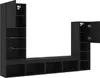 A black modular TV stand with open and closed cabinets against a white background. Produktbild-Vorschau