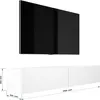 A white TV cabinet and a black TV are shown against a white background, with dimensions indicated. Voir les images du produit