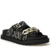 A pair of black Guess sandals with gold chain embellishments and a patterned fabric strap, shown against a white background. Podgląd zdjęcia produktu