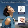 A woman wearing a blue dress is smiling and looking up at the sky, with two inset images showing the details of the earbuds. Produktbild-Vorschau