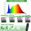A marketing image showing a full spectrum light graph, dimming levels, time settings, and examples of mini greenhouses with seedlings. Náhľad obrázku produktu