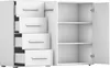 A white cabinet with drawers on the left and shelves behind open doors on the right. Produktbild-Vorschau