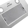Close-up view of a stainless steel range hood with controls and a mesh filter. Voir les images du produit