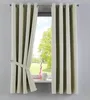 A pair of beige curtains are shown tied back with a fabric tie, revealing a window with a view of trees and a grassy field. A pink vase and a white decorative object sit on the windowsill. Produktbild-Vorschau