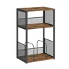 A product shot of a three-tier shelving unit with a rustic wood finish and black metal frame. Náhled obrázku produktu