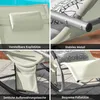 A collage of four images showing different features of a beige outdoor lounge chair. Náhľad obrázku produktu