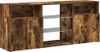 A front view of a wooden TV stand with glass shelves. Produktbild-Vorschau