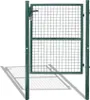A green metal garden gate with a wire mesh infill, standing on a white background with a shadow. Podgląd zdjęcia produktu