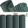 A rolled-up green privacy fence and a close-up of its cross-section with dimensions. Produktbild-Vorschau