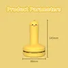 A yellow chick-shaped mini desk vacuum cleaner is shown against a plain yellow background, with product dimensions indicated. Produktbild-Vorschau