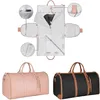 A collage showing a garment bag unfolded with clothing inside, and two duffel bags. Produktbild-Vorschau
