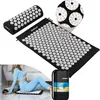 A collage of images showing an acupressure mat and pillow set, a close-up of the mat's spikes, and a woman using the mat. Náhľad obrázku produktu