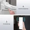 A collage showing a smart bidet toilet seat with a side control panel and a remote control. Produktbild-Vorschau