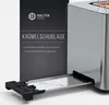 A close-up view of a toaster with its crumb tray extended, next to a dark panel displaying product information. Produktbild-Vorschau