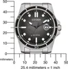 A close-up, front-facing view of a Citizen men's sport watch, with a ruler for scale. The watch has a dark, textured dial with silver indices and hands, and a date window. The bezel is black with silver markings. The watch is shown on a metallic band. Podgląd zdjęcia produktu