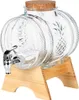 A clear studio shot of a glass beverage dispenser on a wooden stand. Produktbild-Vorschau