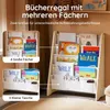 A wooden children's bookshelf with books displayed on its shelves and in fabric pockets. Produktbild-Vorschau