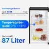 A refrigerator with its door open, showing food items inside, alongside marketing text detailing its features. Produktbild-Vorschau